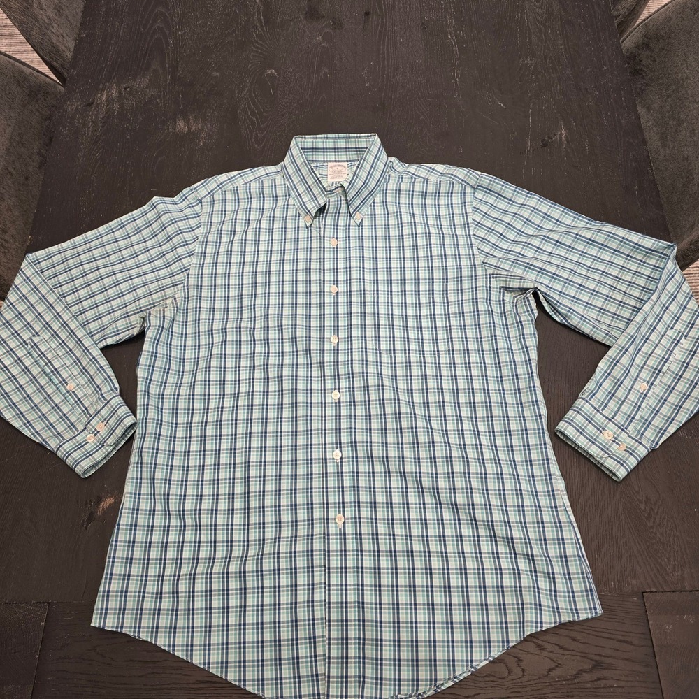 Brooks Brothers Non-Iron Supima Cotton Plaid Button Down Shirt Mens Large Teal - Picture 3 of 6
